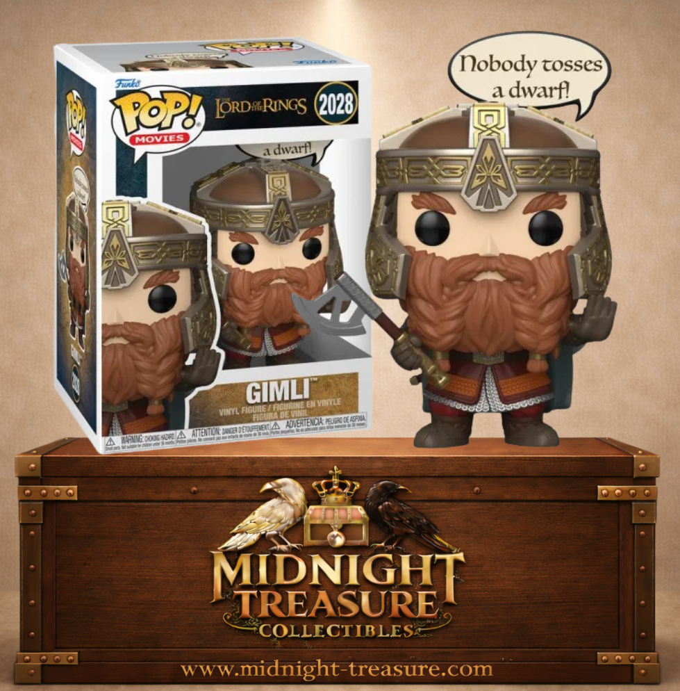 Funko Pop! Movies N°2028 – Gimli avec sa hache, son casque nain et la bulle "Nobody Tosses a Dwarf!" inspirée du Seigneur des Anneaux.
