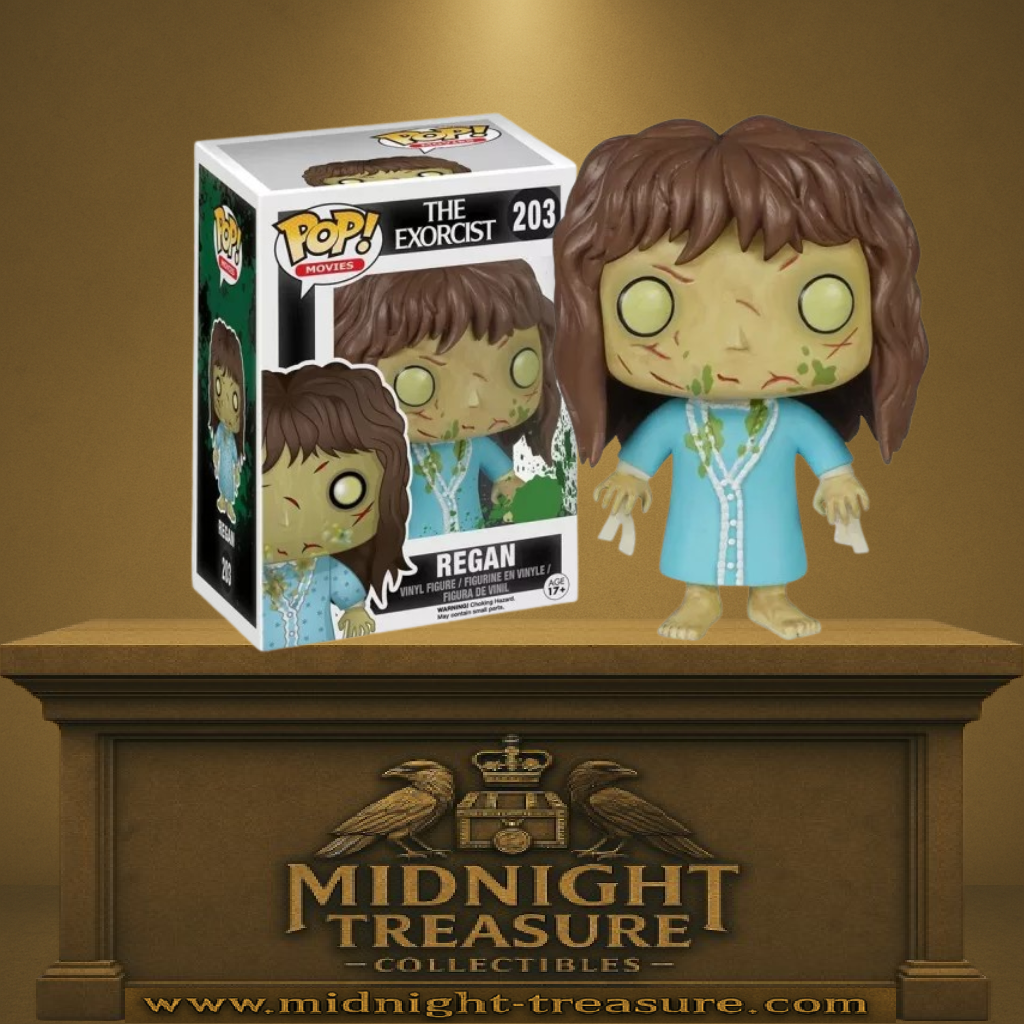 Funko Pop! The Exorcist (L’Exorciste) – Regan MacNeil (N°203). Enfant possédée au visage verdâtre et regard vide, figurine fidèle au film culte d’horreur.