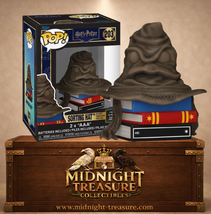 Funko Pop! Sounds N°203 Sorting Hat Choixpeau magique Harry Potter version I Talk parlante sur une pile de livres.
