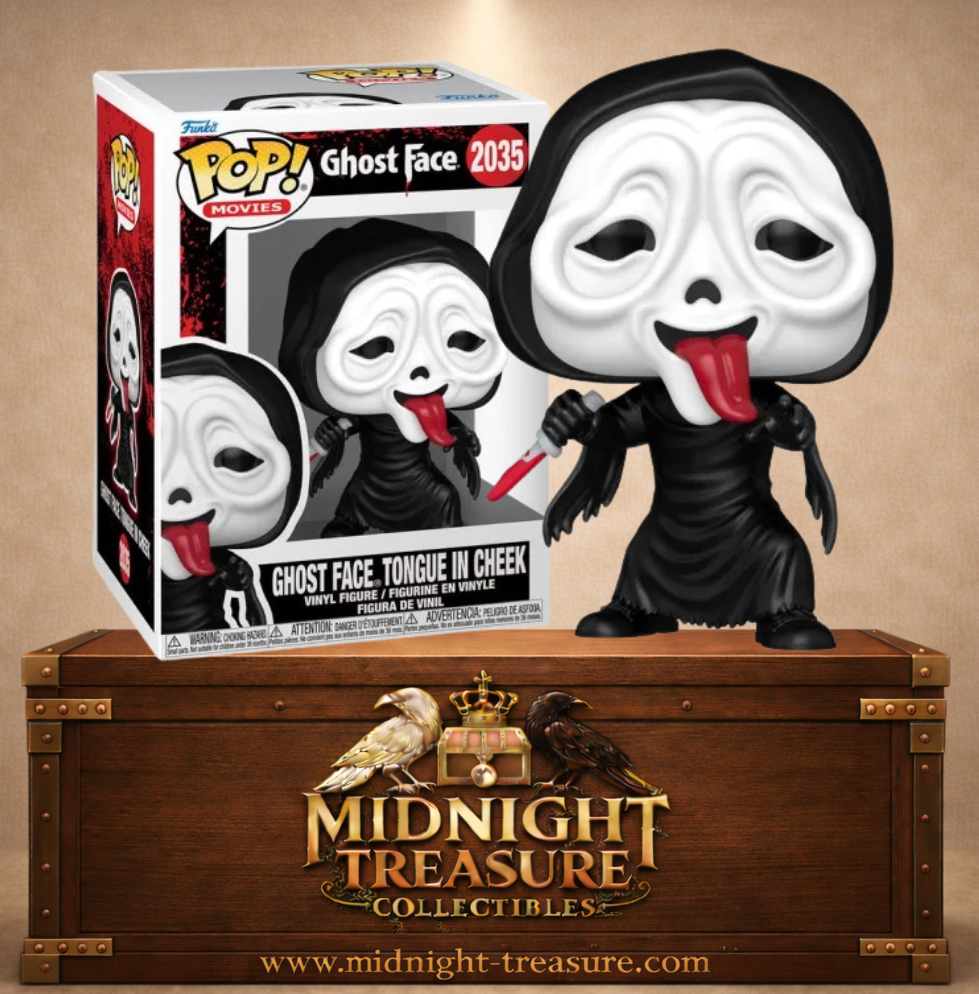 Funko Pop! Movies N°2035 – Ghost Face (Tongue in Cheek) avec langue tirée et couteau inspiré de la franchise Scream.