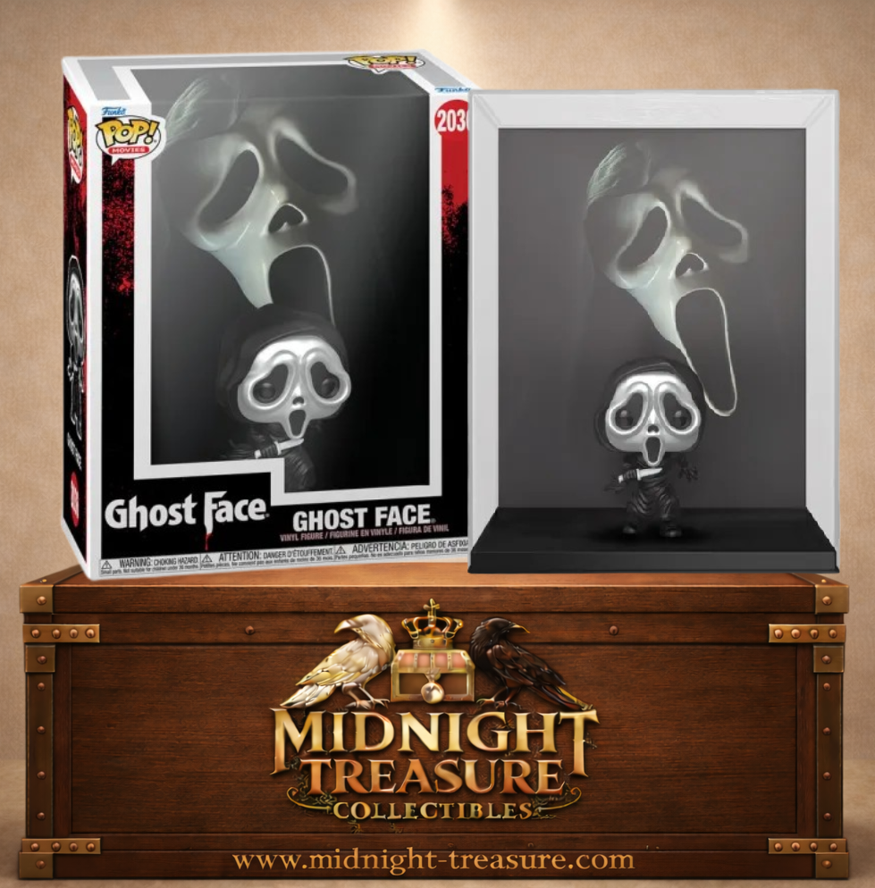 Funko Pop! Movies N°2036 – Ghost Face (Metallic) VHS Cover avec affiche de Scream en arrière-plan et présentoir collector intégré.
