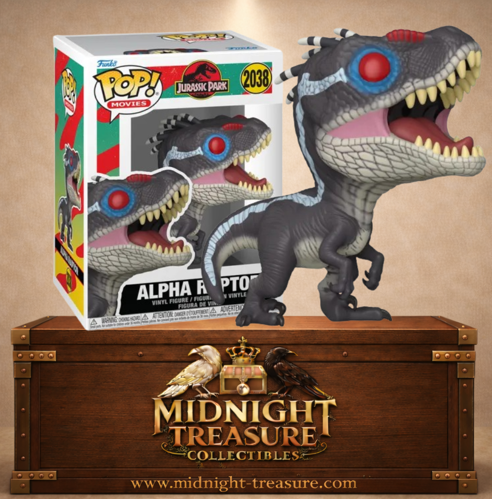 Funko Pop! Movies N°2038 – Alpha Raptor inspiré du mâle alpha Velociraptor de Jurassic Park III avec bande bleue, yeux rouges et proto-plumes sur la tête.