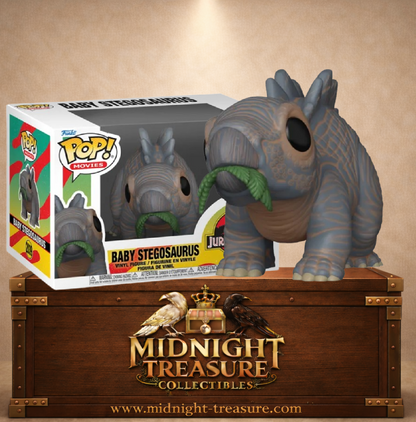 Funko Pop! Movies N°2039 – Baby Stegosaurus (Bébé Stégosaure) tenant une plante verte dans l'univers Jurassic Park.