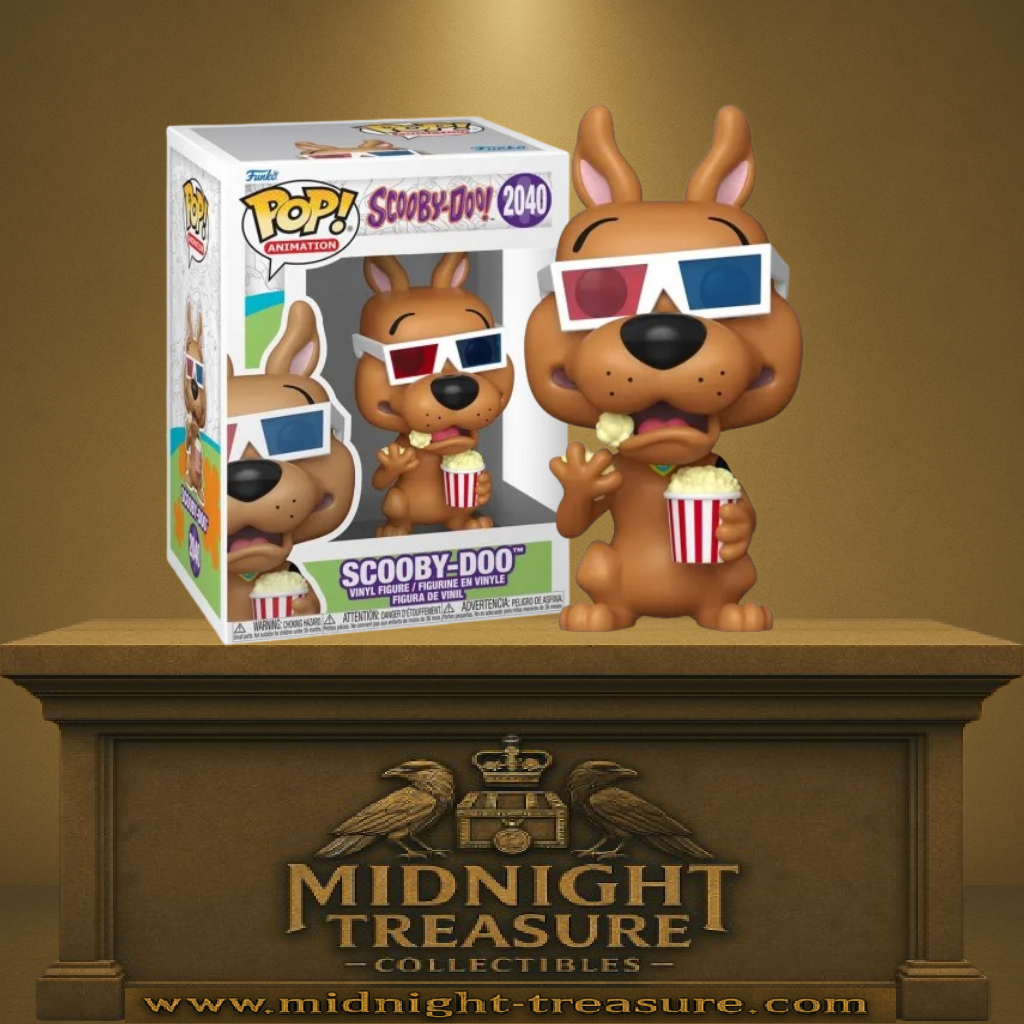 Funko Pop! Scooby-Doo – Scooby-Doo (N°2040). Scooby-Doo portant des lunettes 3D et tenant un pot de pop-corn, version fun et fidèle au dessin animé.
