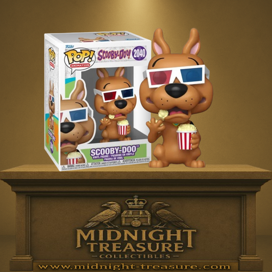 Funko Pop! Scooby-Doo – Scooby-Doo (N°2040). Scooby-Doo portant des lunettes 3D et tenant un pot de pop-corn, version fun et fidèle au dessin animé.