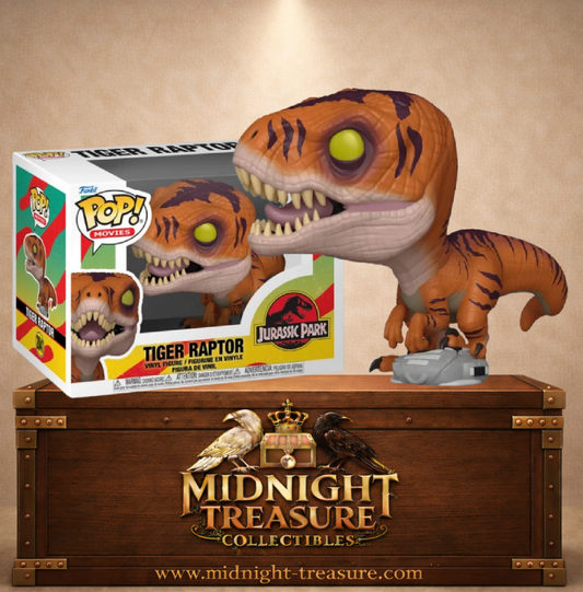 Funko Pop! Movies N°2041 – Tiger Raptor avec robe orange rayée, yeux jaunes et posture agressive inspiré de l'univers Jurassic Park.