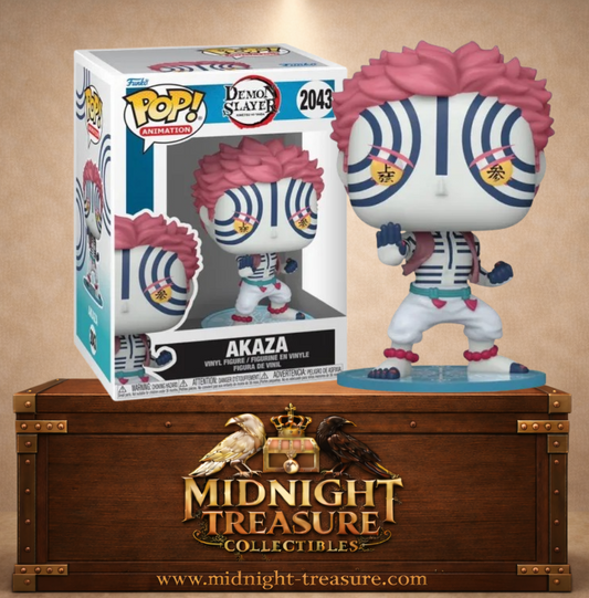 Funko Pop! Demon Slayer N°2043 – Akaza avec marques bleues et socle effet technique circulaire. Une figurine fidèle parfaite pour les fans de Demon Slayer.