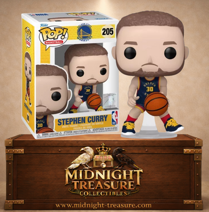 Funko Pop! Basketball N°205 Stephen Curry Golden State Warriors avec tenue City Edition 2024-2025 bleu marine et ballon de basket.