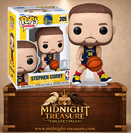 Funko Pop! Basketball N°205 Stephen Curry Golden State Warriors avec tenue City Edition 2024-2025 bleu marine et ballon de basket.