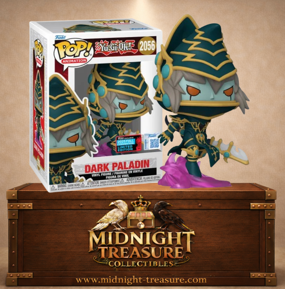 Funko Pop! Animation N°2056 – Dark Paladin – Yu-Gi-Oh! Fall Convention 2025 NYCC Exclusive. Figurine Dark Paladin en armure verte et or avec épée et base d’énergie rose.