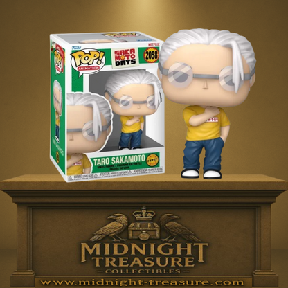 Funko Pop! Sakamoto Days – Taro Sakamoto CHASE (N°2058). Sakamoto en “prime form” (silhouette mince), t-shirt jaune et lunettes rondes.