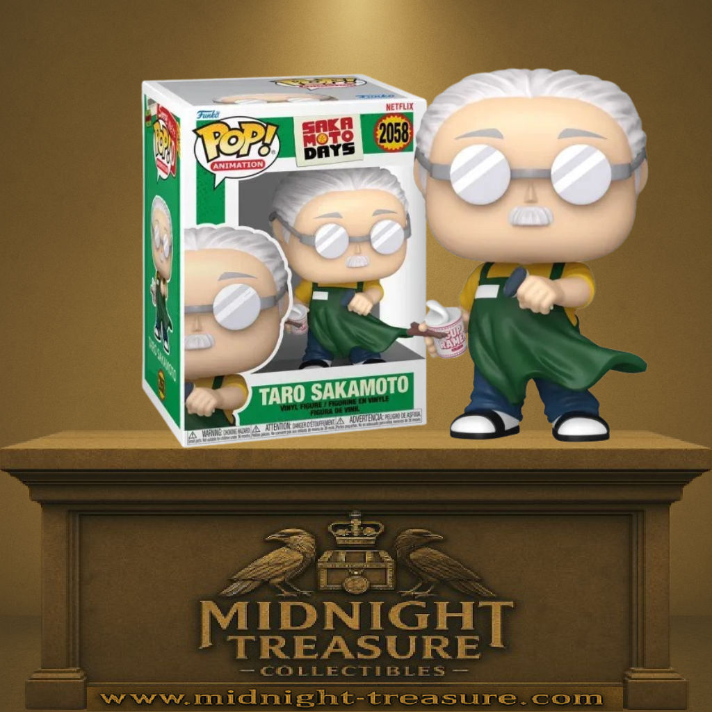 Funko Pop! Sakamoto Days – Taro Sakamoto (N°2058). Ancien assassin devenu commerçant, tablier vert et lunettes rondes.