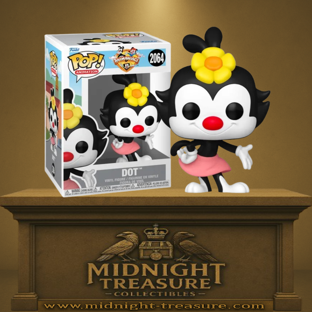 Funko Pop! Animaniacs – Dot (N°2064). Figurine représentant Dot Warner avec sa fleur jaune et sa jupe rose, fidèle au design de la série animée Animaniacs.