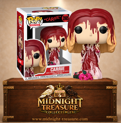 Funko Pop! Movies N°2065 Carrie ensanglantée après le piège du bal, avec robe rose couverte de sang et bouquet de fleurs.