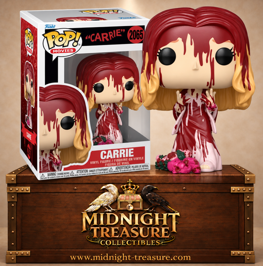 Funko Pop! Movies N°2065 Carrie ensanglantée après le piège du bal, avec robe rose couverte de sang et bouquet de fleurs.