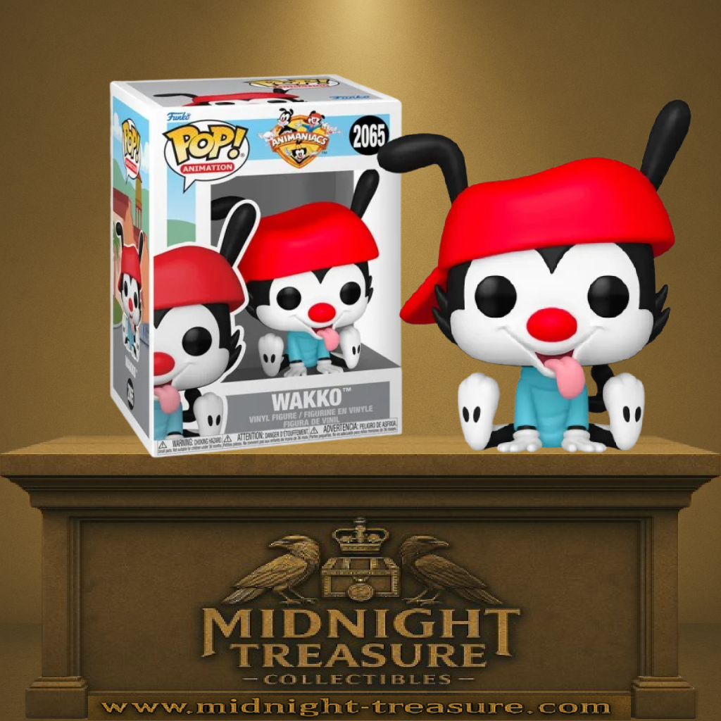 Funko Pop! Animaniacs – Wakko (N°2065). Figurine représentant Wakko assis avec sa casquette rouge et une expression cartoon fidèle à la série.