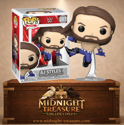 Funko Pop! WWE N°207 – AJ Styles en plein saut, inspiré de la Superstar de la WWE.