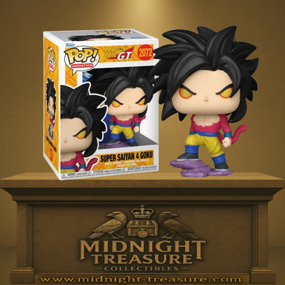 Funko Pop! Dragon Ball GT – Super Saiyan 4 Goku (N°2072). Goku en Super Saiyan 4 avec fourrure rouge, regard jaune intense et posture de combat sur socle rocheux.