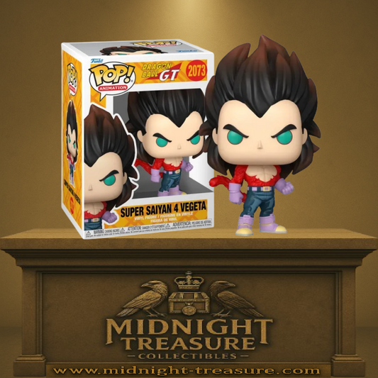 Funko Pop! Dragon Ball GT – Super Saiyan 4 Vegeta (N°2073). Vegeta en transformation Super Saiyan 4 avec fourrure rouge et cheveux noirs, figurine Funko Pop Animation.