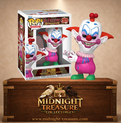 Funko Pop! Movies N°2075 Slim de Killer Klowns from Outer Space en combinaison rose réalisant son célèbre spectacle d’ombres chinoises.