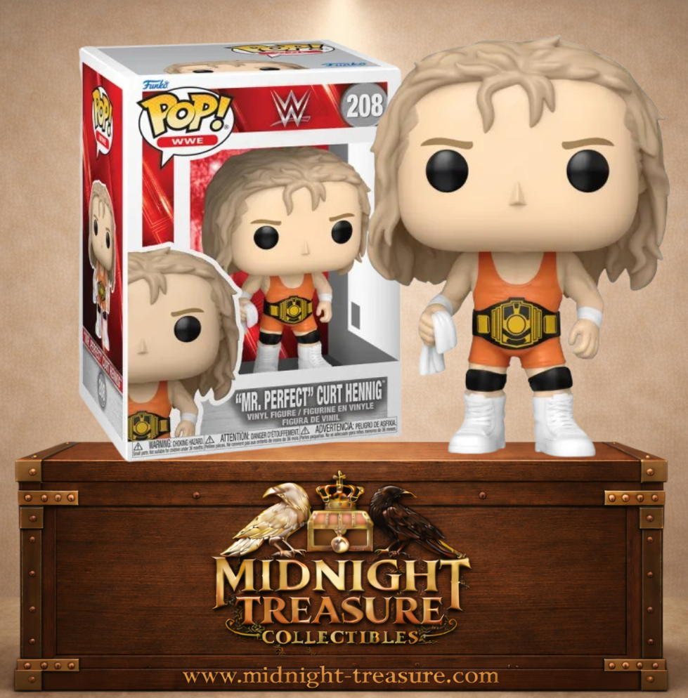 Funko Pop! WWE N°208 – Mr. Perfect Curt Hennig portant sa tenue orange et la ceinture Intercontinental Championship.