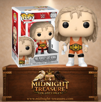 Funko Pop! WWE N°208 – Mr. Perfect Curt Hennig portant sa tenue orange et la ceinture Intercontinental Championship.