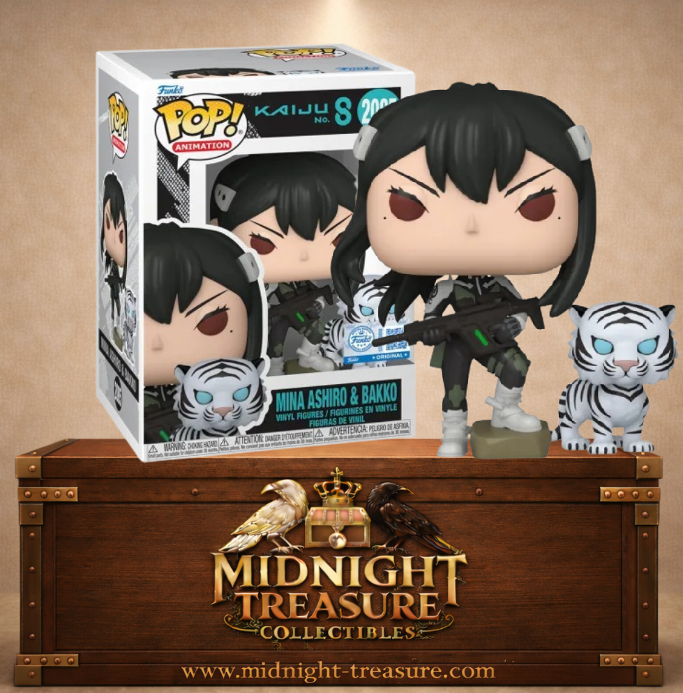 Funko Pop! Animation N°2085 – Mina Ashiro et Bakko – Kaiju No 8. Figurine avec arme et tigre blanc compagnon.