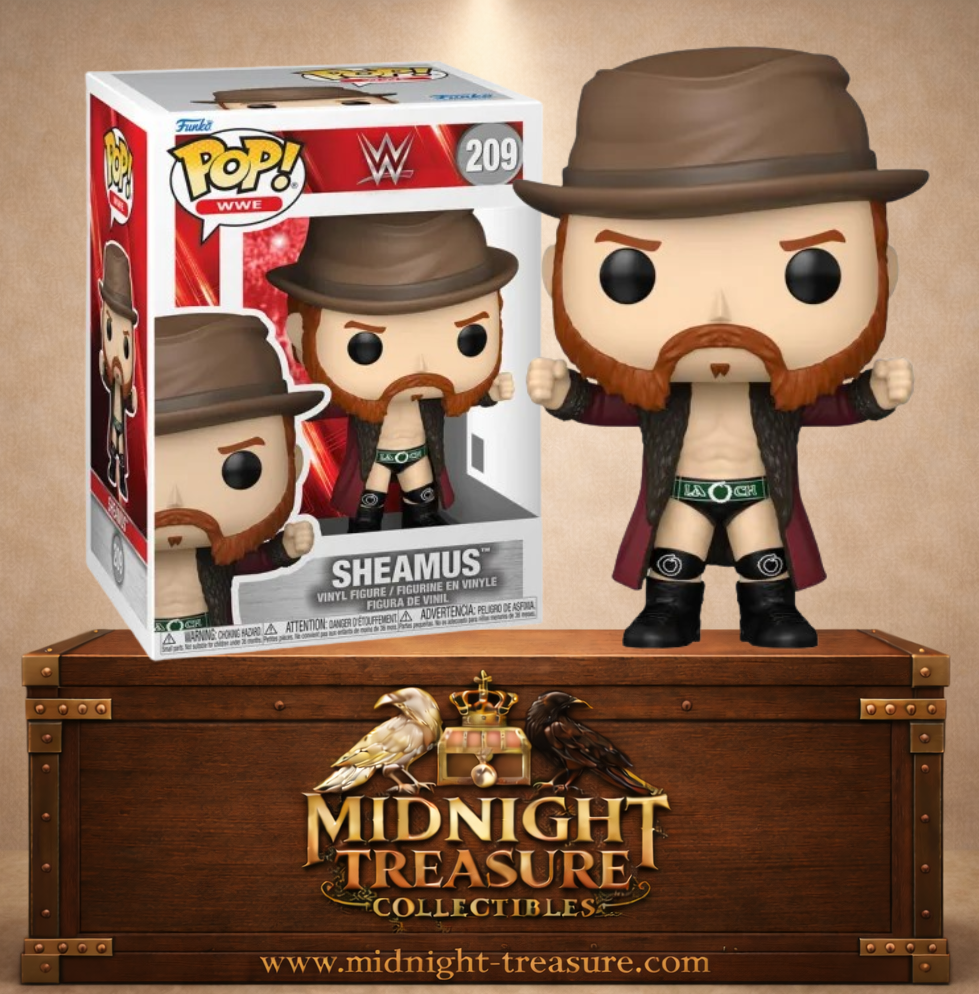 Funko Pop! WWE N°209 – Sheamus avec son chapeau, son manteau bordeaux et sa célèbre barbe rousse.