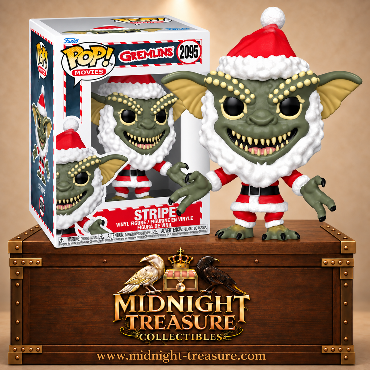 Funko Pop! Movies N°2095 Stripe de Gremlins en costume de Père Noël rouge et blanc avec bonnet, barbe blanche et sourire aux dents acérées.
