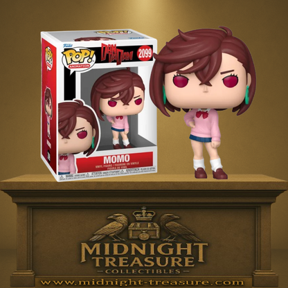 Funko Pop! Animation Dandadan – Momo Ayase (N°2099). Figurine de Momo en tenue scolaire rose, regard déterminé, fidèle à son apparence du début de la série.