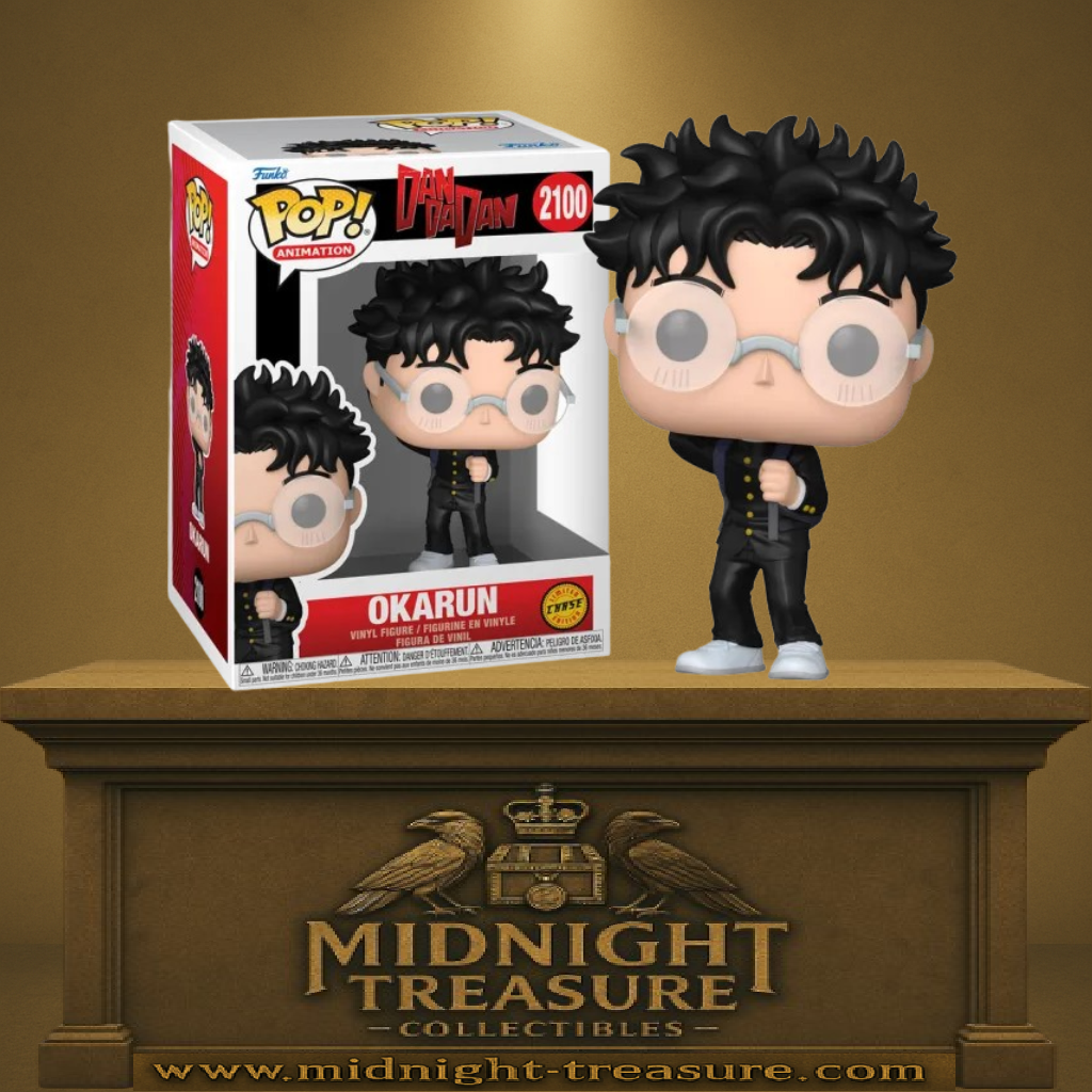 Funko Pop! Animation DanDaDan – Okarun Chase (N°2100). Figurine d’Okarun en uniforme scolaire noir avec lunettes rondes, version rare Chase.