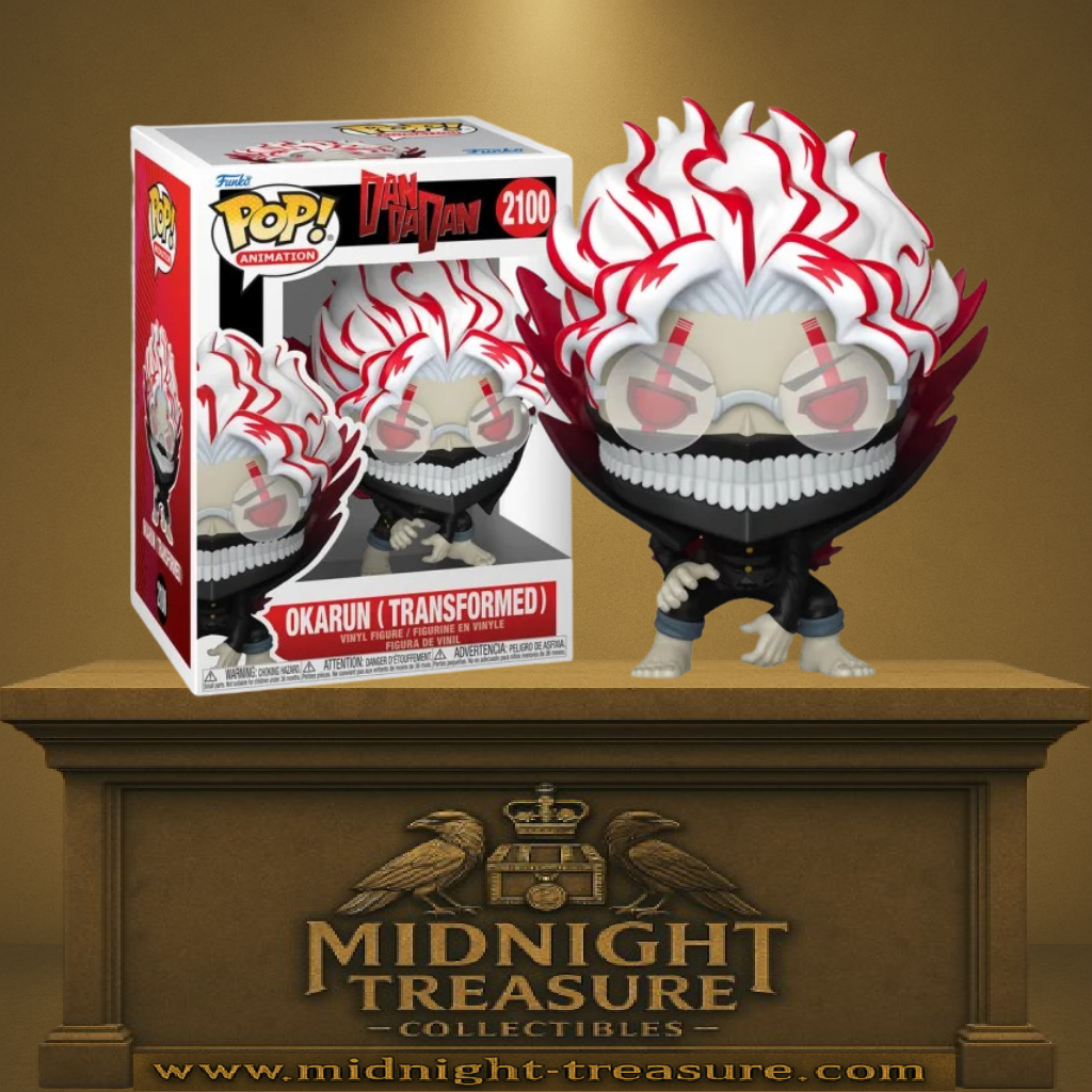 Funko Pop! Animation DanDaDan – Okarun (Transformed) (N°2100). Figurine d’Okarun sous forme monstrueuse, cheveux blancs striés de rouge, sourire inquiétant et posture agressive.