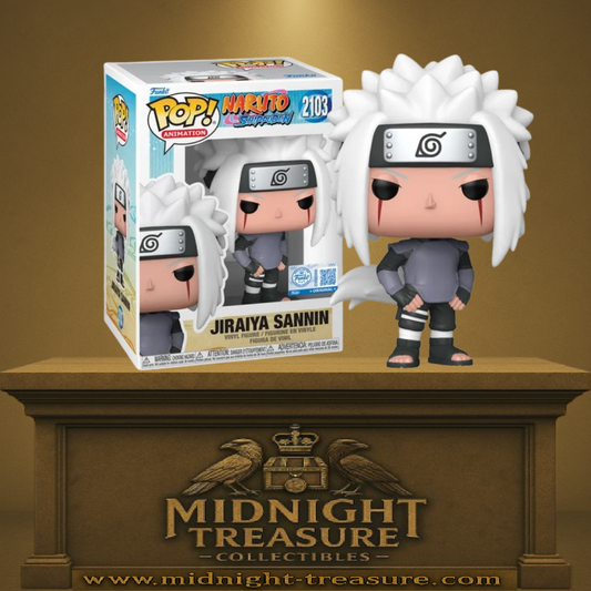 Funko Pop! Naruto Shippuden – Jiraiya Sannin (N°2103). Jiraiya en tenue sombre avec bandeau de Konoha et marques rouges, version liée à Amegakure, Hanzô et sa rencontre avec Nagato, Konan et Yahiko.