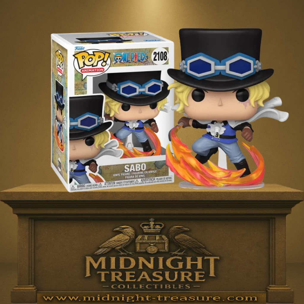Funko Pop! One Piece – Sabo (N°2108). Sabo en tenue de combat avec haut-de-forme, utilisant des flammes issues du Mera Mera no Mi.