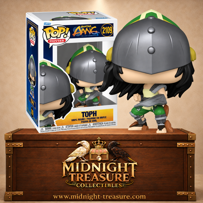 Funko Pop! Movies N°2109 Toph adulte d’Avatar Aang Le Dernier Maître de l’Air avec casque métallique et tenue verte de combat.