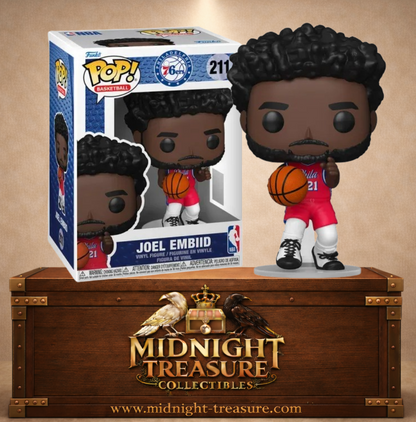 Funko Pop! Basketball N°211 – Joel Embiid – Philadelphia 76ers. Figurine Embiid avec ballon en tenue rouge officielle.