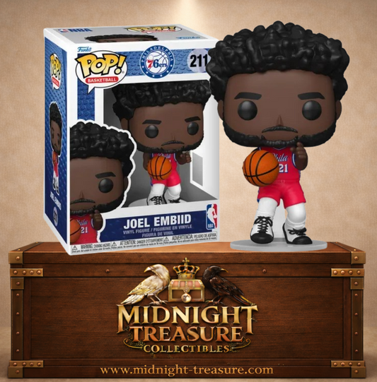 Funko Pop! Basketball N°211 – Joel Embiid – Philadelphia 76ers. Figurine Embiid avec ballon en tenue rouge officielle.