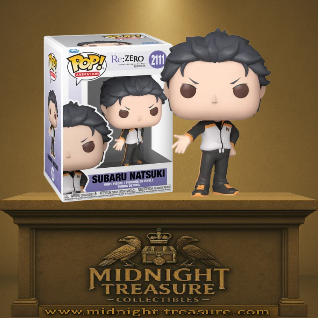 Funko Pop! Re:Zero – Subaru Natsuki (N°2111). Figurine fidèle avec tenue iconique noire et orange et pose déterminée.