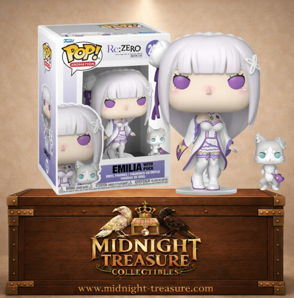 Funko Pop! Animation N°2112 Emilia avec Puck de Re:ZERO, Emilia en tenue blanche et violette accompagnée du petit esprit félin Puck.