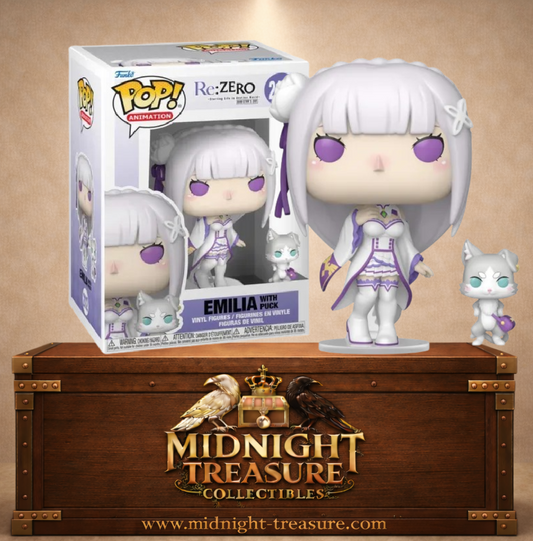 Funko Pop! Animation N°2112 Emilia avec Puck de Re:ZERO, Emilia en tenue blanche et violette accompagnée du petit esprit félin Puck.