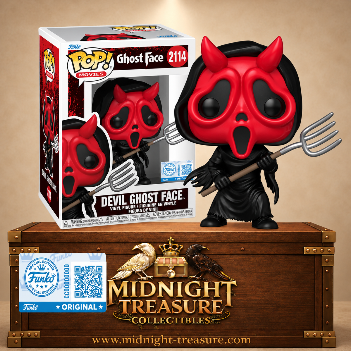 Funko Pop! Movies N°2114 Devil Ghost Face démoniaque de Scream avec masque rouge à cornes, robe noire et fourche.