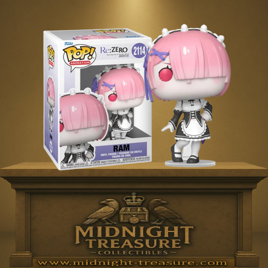 Funko Pop! Re:Zero – Ram (N°2114). Ram en tenue de servante noire et blanche, cheveux roses et regard rouge, figurine fidèle à l’anime Re:Zero.