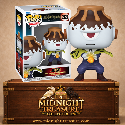 Funko Pop! Animation N°2127 Jogo de Jujutsu Kaisen avec tête volcanique, œil unique et énergie occulte entre les mains.