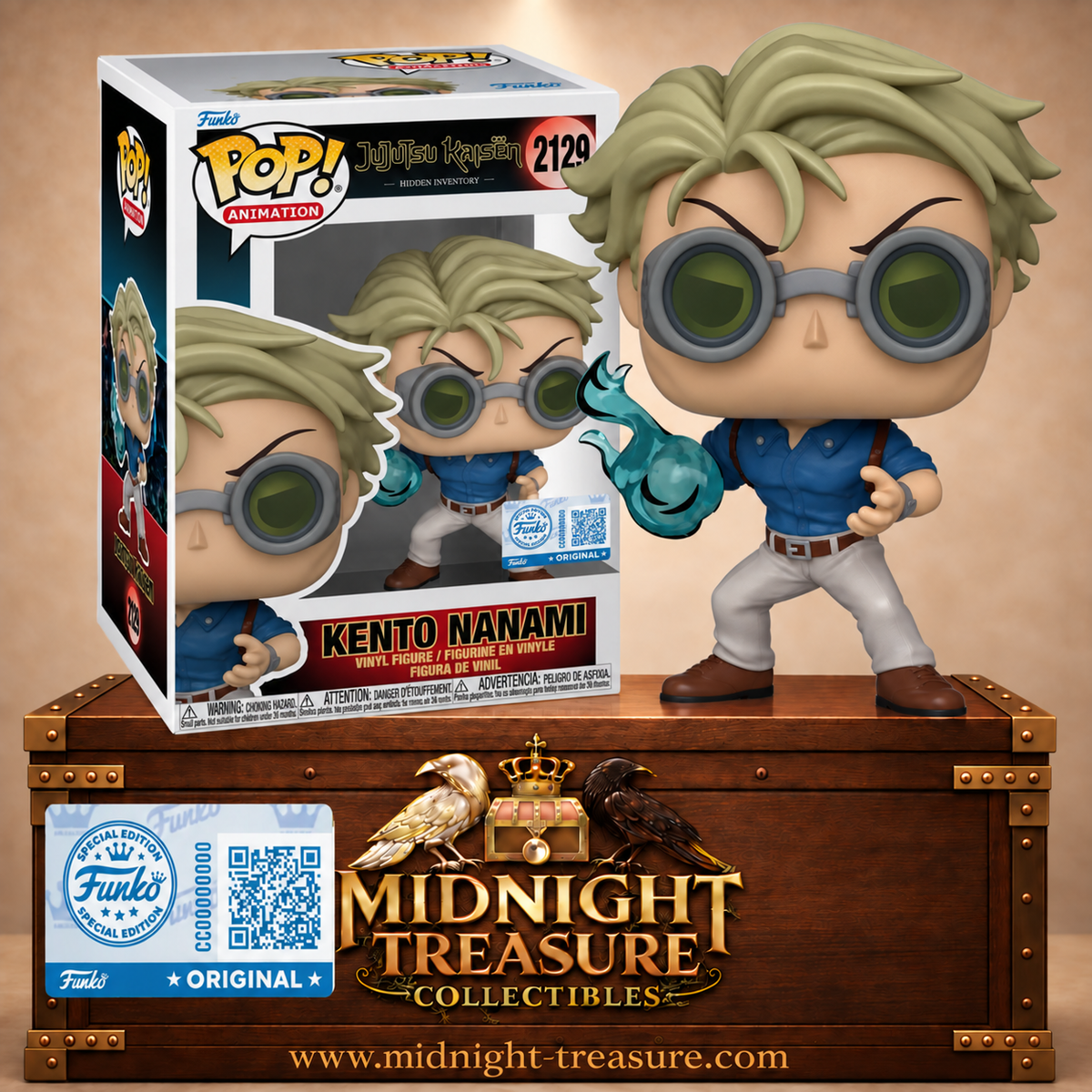 Funko Pop! Animation N°2129 Kento Nanami de Jujutsu Kaisen durant l’Incident de Shibuya, avec lunettes vertes et énergie occulte bleu turquoise autour du poing.
