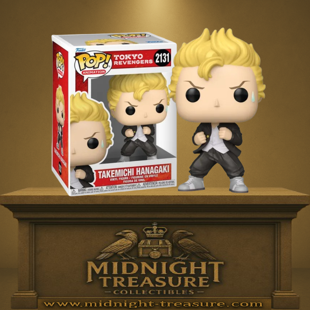 Funko Pop! Tokyo Revengers – Takemichi Hanagaki (N°2131). Figurine du héros en posture de combat, costume noir et expression déterminée.