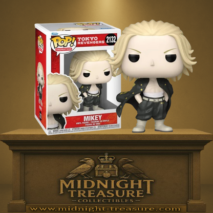Funko Pop! Tokyo Revengers – Mikey (Manjiro Sano) N°2132. Figurine du leader du Tokyo Manji Gang en uniforme noir Toman, posture calme et regard déterminé.