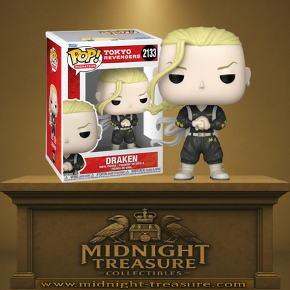 Funko Pop! Tokyo Revengers – Draken (N°2133). Figurine représentant Draken debout, bras croisés, en tenue noire du Tokyo Manji Gang, coiffure blonde avec mèche tressée, fidèle à l’anime.