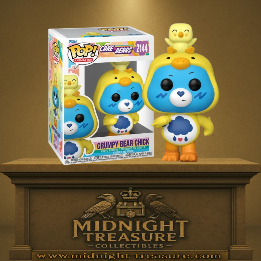 Funko Pop! Bisounours – Grumpy Bear Chick (Grognon Poussin) (Pâques) (N°2144). Grognon déguisé en poussin jaune avec un petit oisillon sur la tête, figurine saisonnière Care Bears.