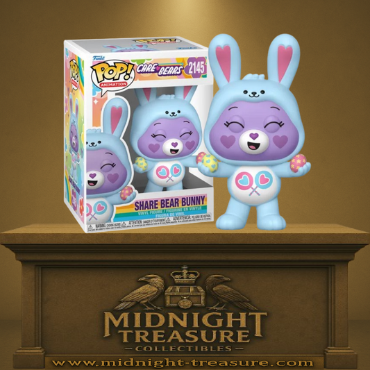 Funko Pop! Bisounours – Share Bear Bunny (Groscadeau Lapin) (Pâques) (N°2145). Groscadeau déguisé en lapin bleu tenant des œufs de Pâques, figurine saisonnière Care Bears.