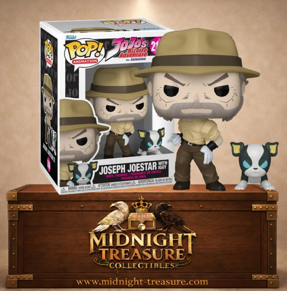 Funko Pop! Animation N°2146 – Joseph Joestar with Iggy – JoJo’s Bizarre Adventure. Figurine Joseph avec chapeau accompagné du chien Iggy.